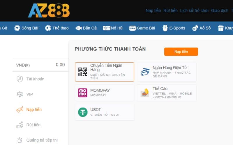Truy cập vào trang chủ AZ888 và nạp tiền vào tài khoản